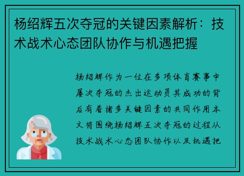 杨绍辉五次夺冠的关键因素解析：技术战术心态团队协作与机遇把握